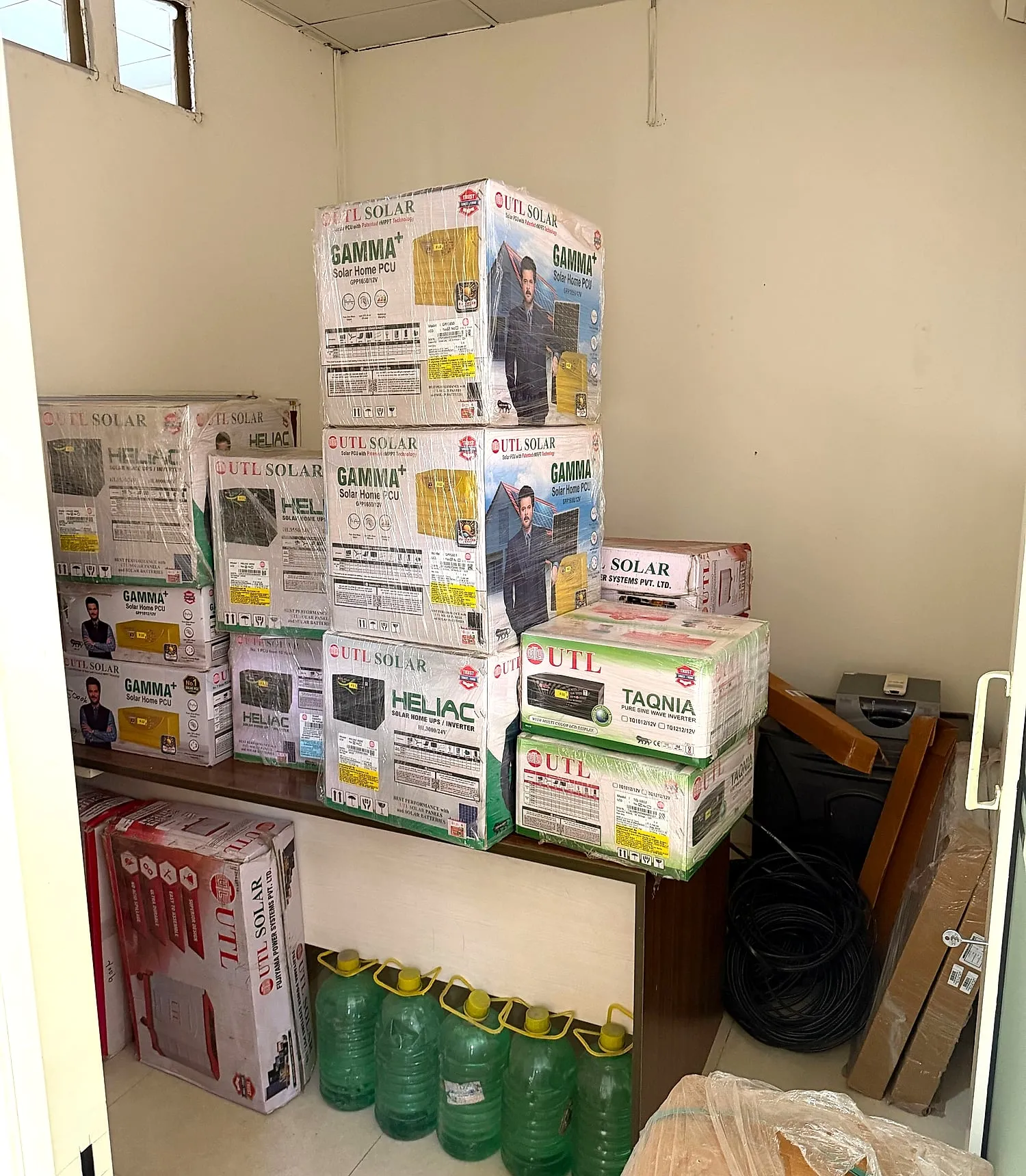 Boxed UTL Gamma+ and Heliac solar PCUs and Taqnia inverters in stock at RSK Solar Energy
