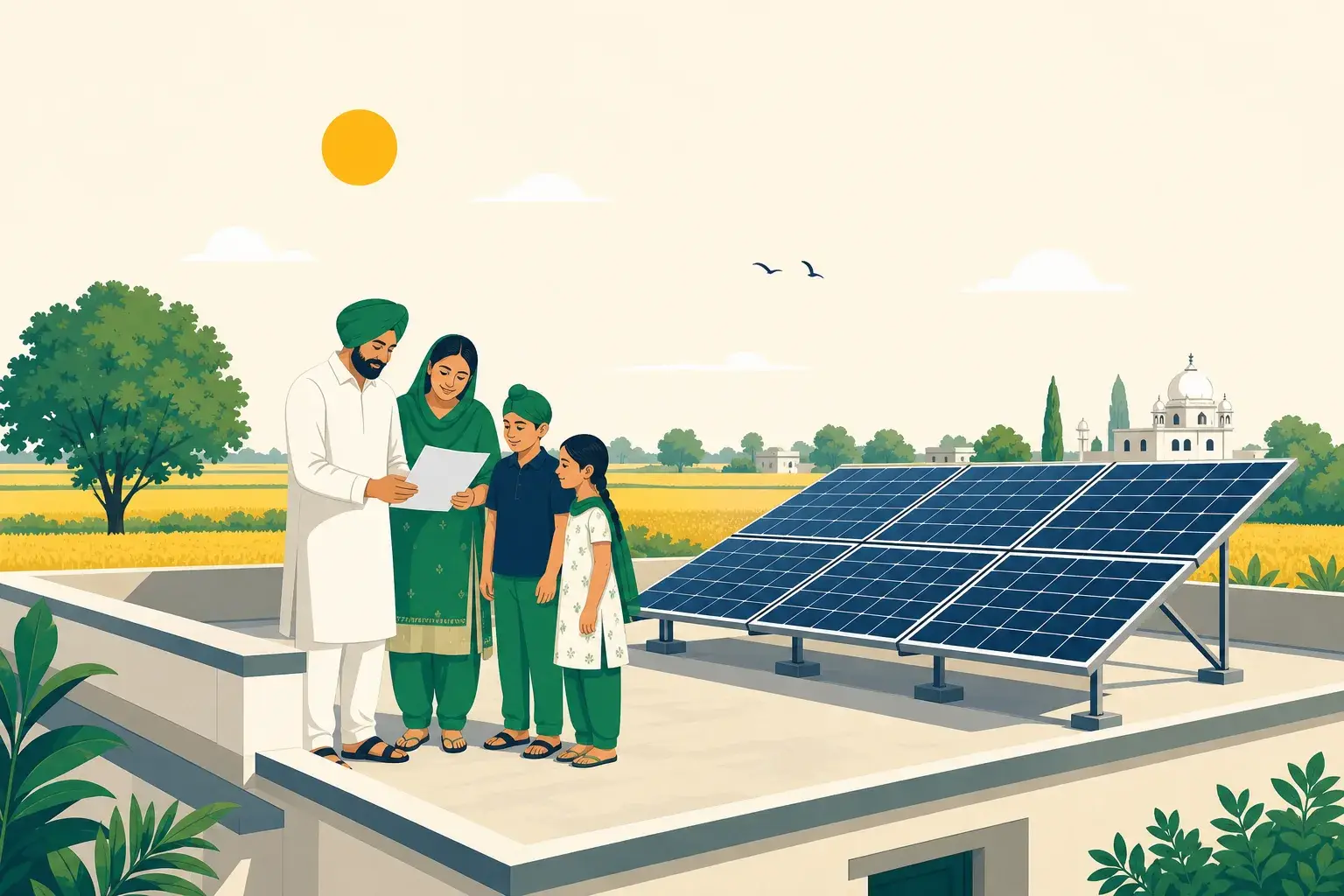 Illustration of a family on a Punjab rooftop looking at a bill beside solar panels